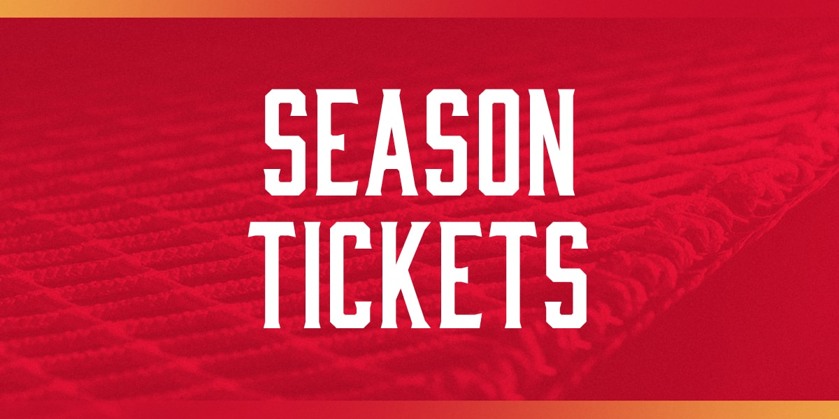 Season Tickets with hockey net closeup background with red overlay